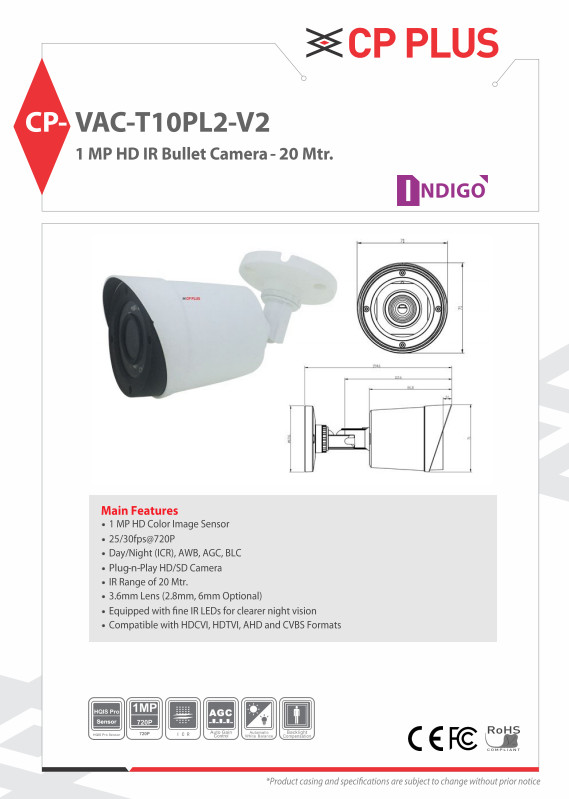 Camera Giám Sát CCTV Hãng CP PLUS Thân Trụ CP-VAC-T10PL2-V2 - 1MP 720p, 3.6mm Lens, Hồng Ngoại IR 20M | Analog HD Camera CCTV 1 MP Bullet Camera  IR  20 Mtr - Hàng Chính Hãng