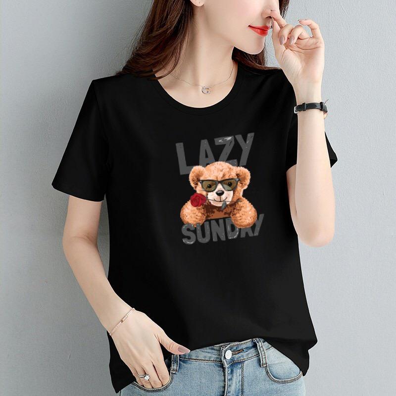 Áo thun nữ cổ tròn form rộng in hình gấu dễ thương thun cotton 4 chiều từ 45-60kg