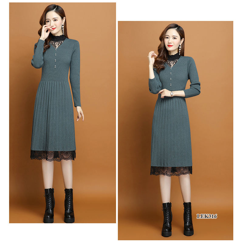 Váy len nữ phối ren thanh lịch sang trọng