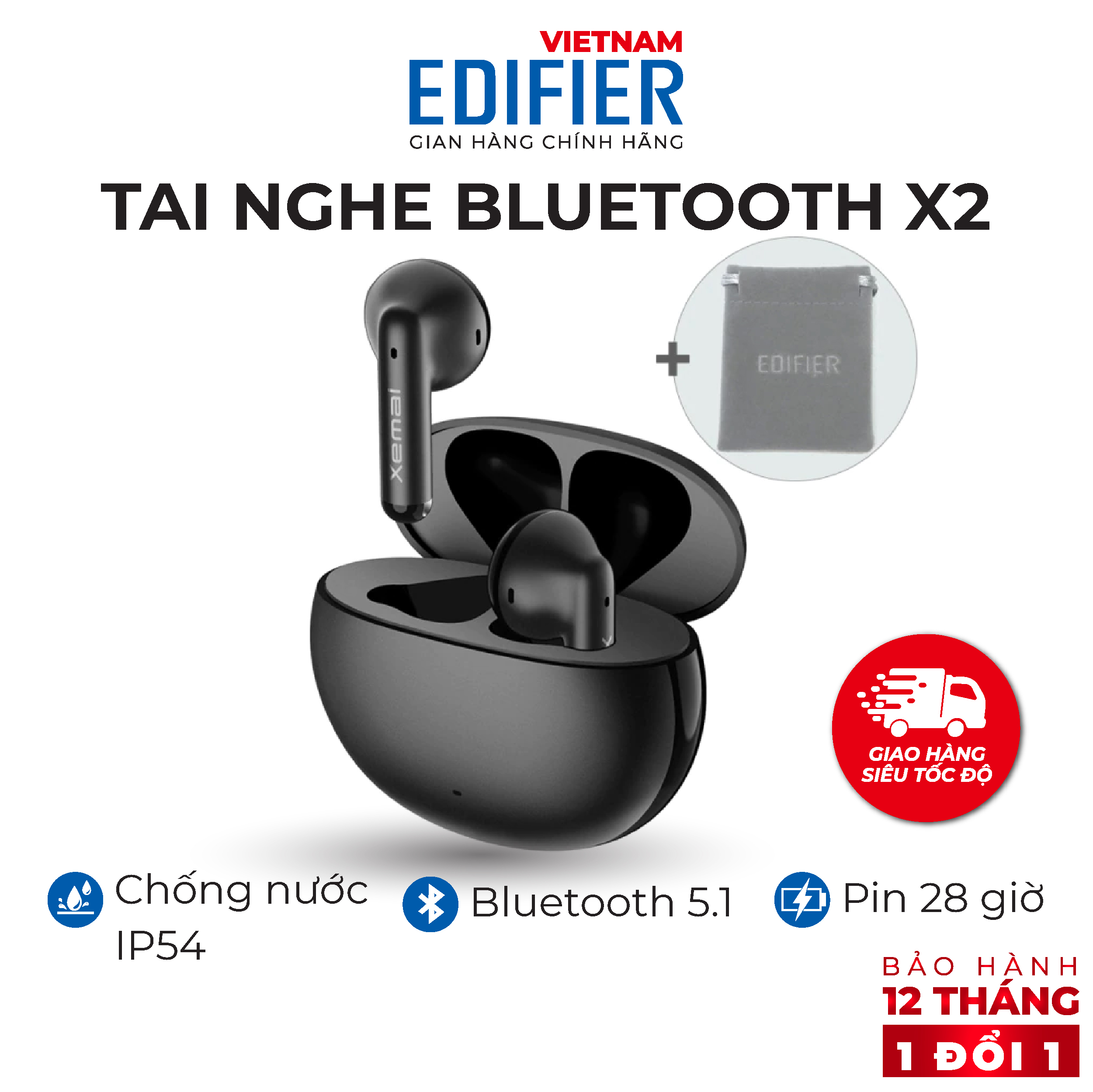Tai nghe Bluetooth 5.1 EDIFIER X2 Thời lượng pin 28 giờ Chống nước IP54 Chế độ chống ồn chơi game - Hàng chính hãng