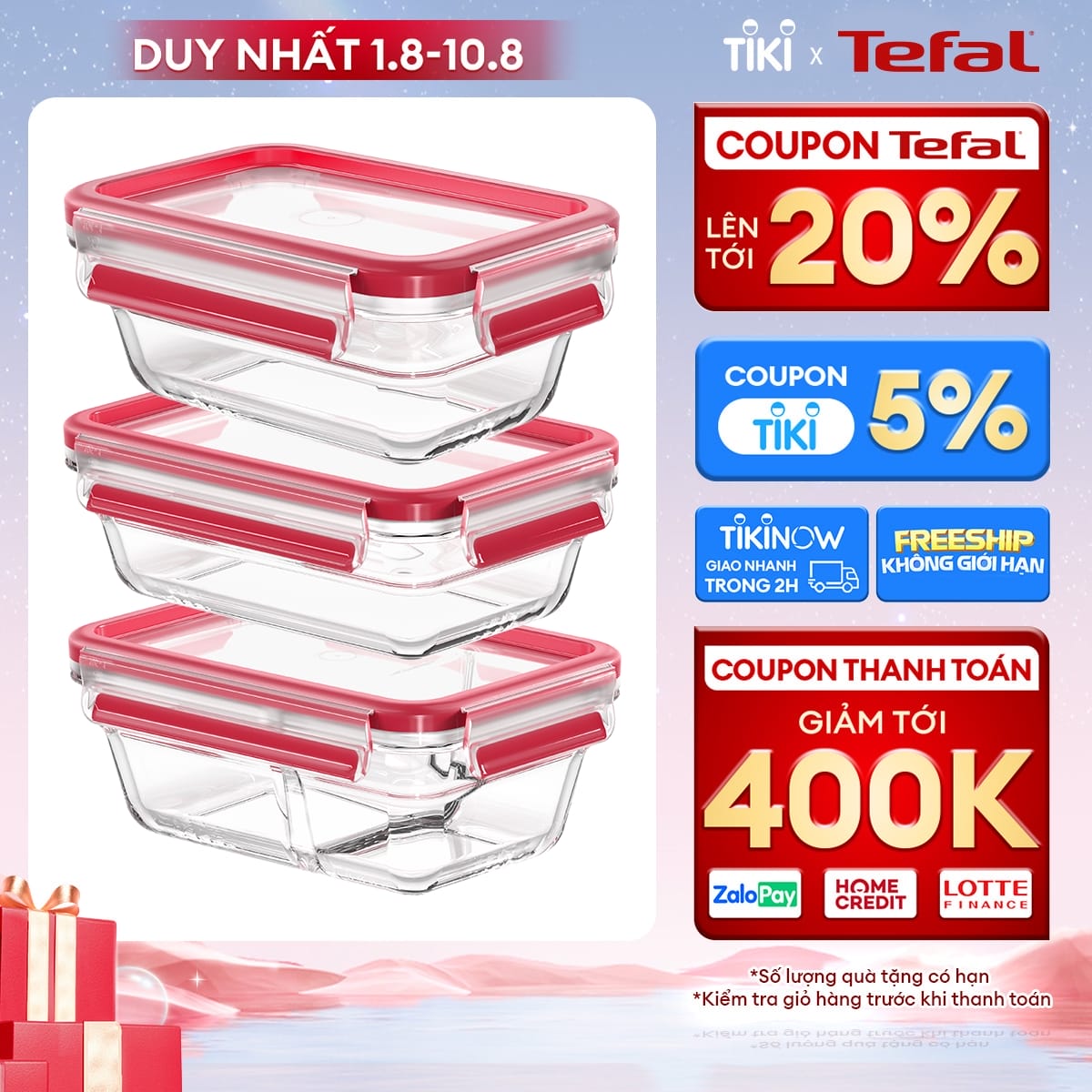 Bộ 3 hộp thủy tinh vuông Tefal Masterseal Glass 450ml, 700ml, 800ml - đỏ