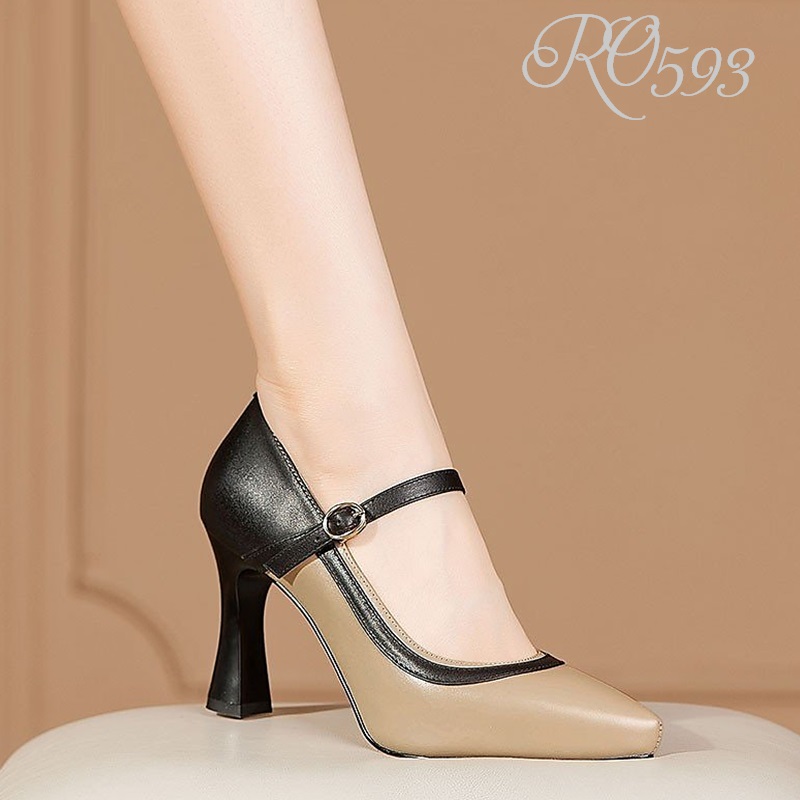 Giày cao gót mũi nhọn phối màu sang trọng ROSATA RO593 - 9p - Nâu - HÀNG VIỆT NAM - BKSTORE