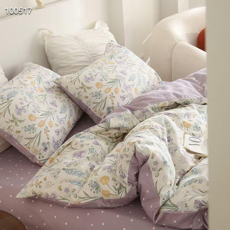 Set Cotton Living Hàn Quốc Hàng Nhập Khẩu Cao Cấp 4 Món Hoa Tím Vintage