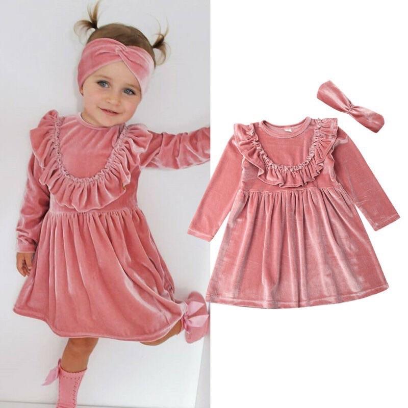 Váy nhung dài tay kèm turban bé gái 1-5Y