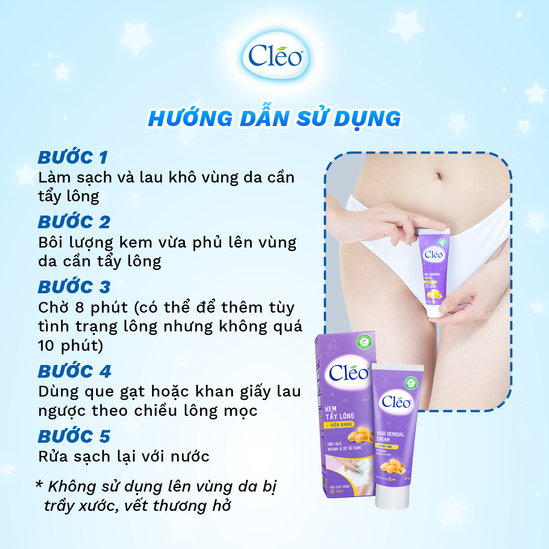 Combo tẩy lông Bikini Cléo 50g, an toàn không đau, hiệu quả trong 8 phút và gel dưỡng ẩm mịn da Cléo 50g