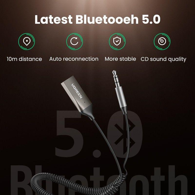 Ugreen UG70601CM309TK 1.5M dây lò xo 3.5mm v5.0 bộ nhận Bluetooth dùng cho loa hay trên xe hơi - HÀNG CHÍNH HÃNG