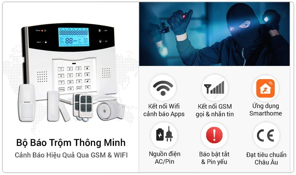 Bộ Thiết Bị Chống Trộm GP05W Dùng SIM + WIFI Cảm biến Không Dây 433MHz Còi Hú Siêu To- Hàng Chính Hãng