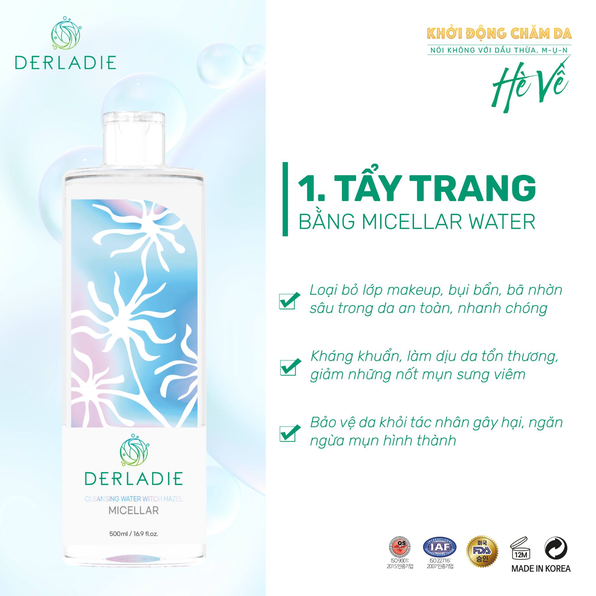 Bộ Đôi Làm Sạch, Cấp Ẩm Nước Tẩy Trang Derladie Cleansing Water Witch Hazel 500ml, Toner Derladie Natural Witch Hazel 500ml