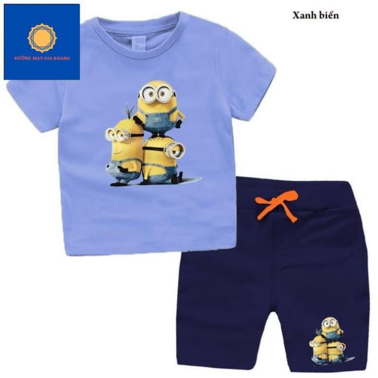 MS: 190177 - Đồ bộ quần áo thun bé trai, bé gái, ngắn tay, in 3 chú minion đáng yêu - Xưởng may Gia Khang