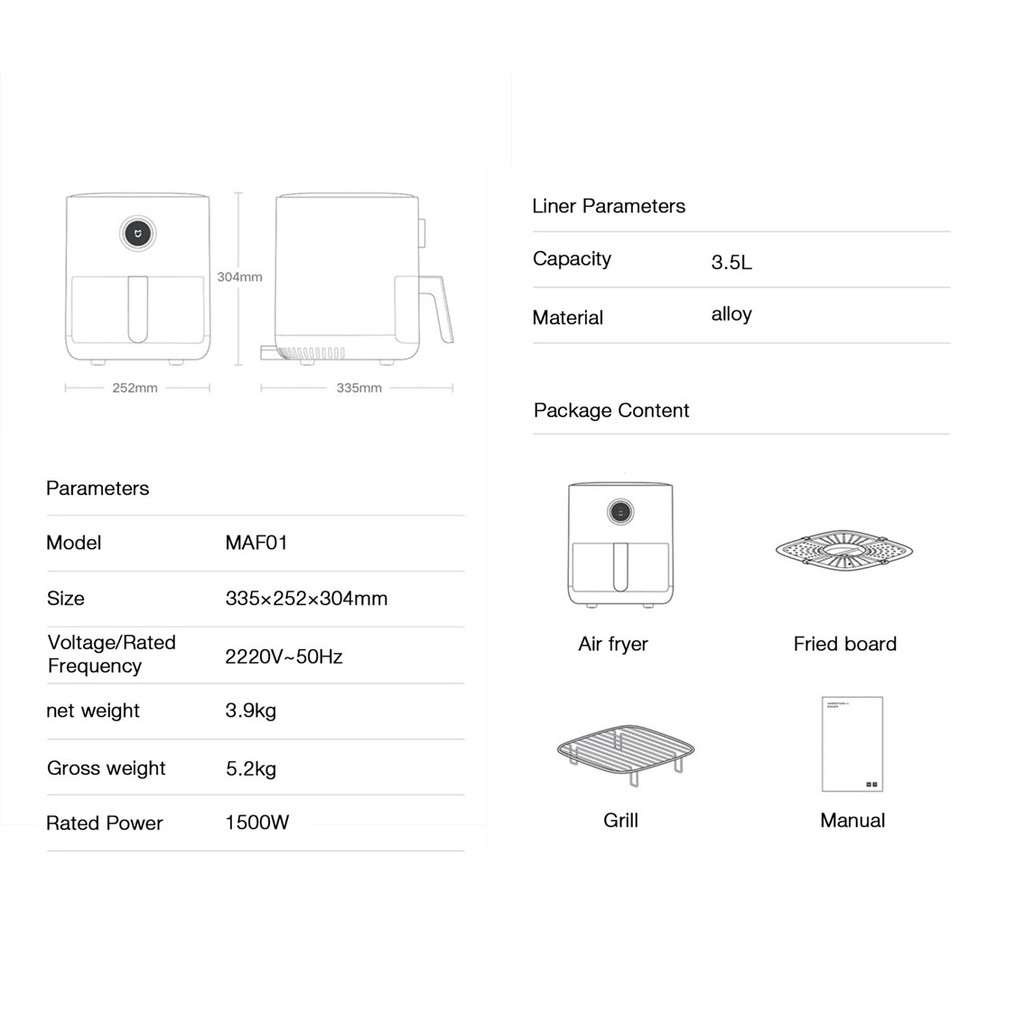 Xiaomi Mijia 3.5L Nồi chiên không dầu thông minh – OLED Screen - Kết nối App Mihome - Hẹn giờ - Gợi ý Menu - Hàng Chính Hãng