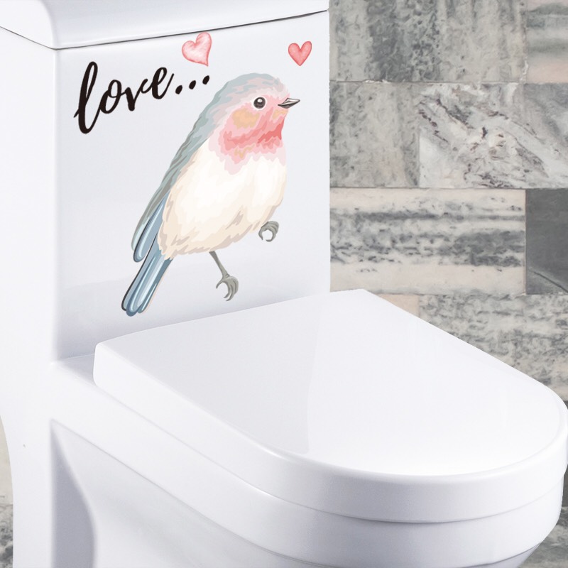 Decal trang trí tường - Chú chim hồng nhạt và chữ Love