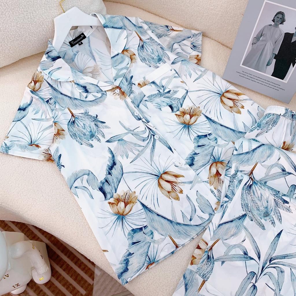 Bộ Mặc Nhà Pyjama Lụa Cao Cấp Tea Store Tay Ngắn Quần Dài Họa tiết Hoa nâu lá xanh 2022