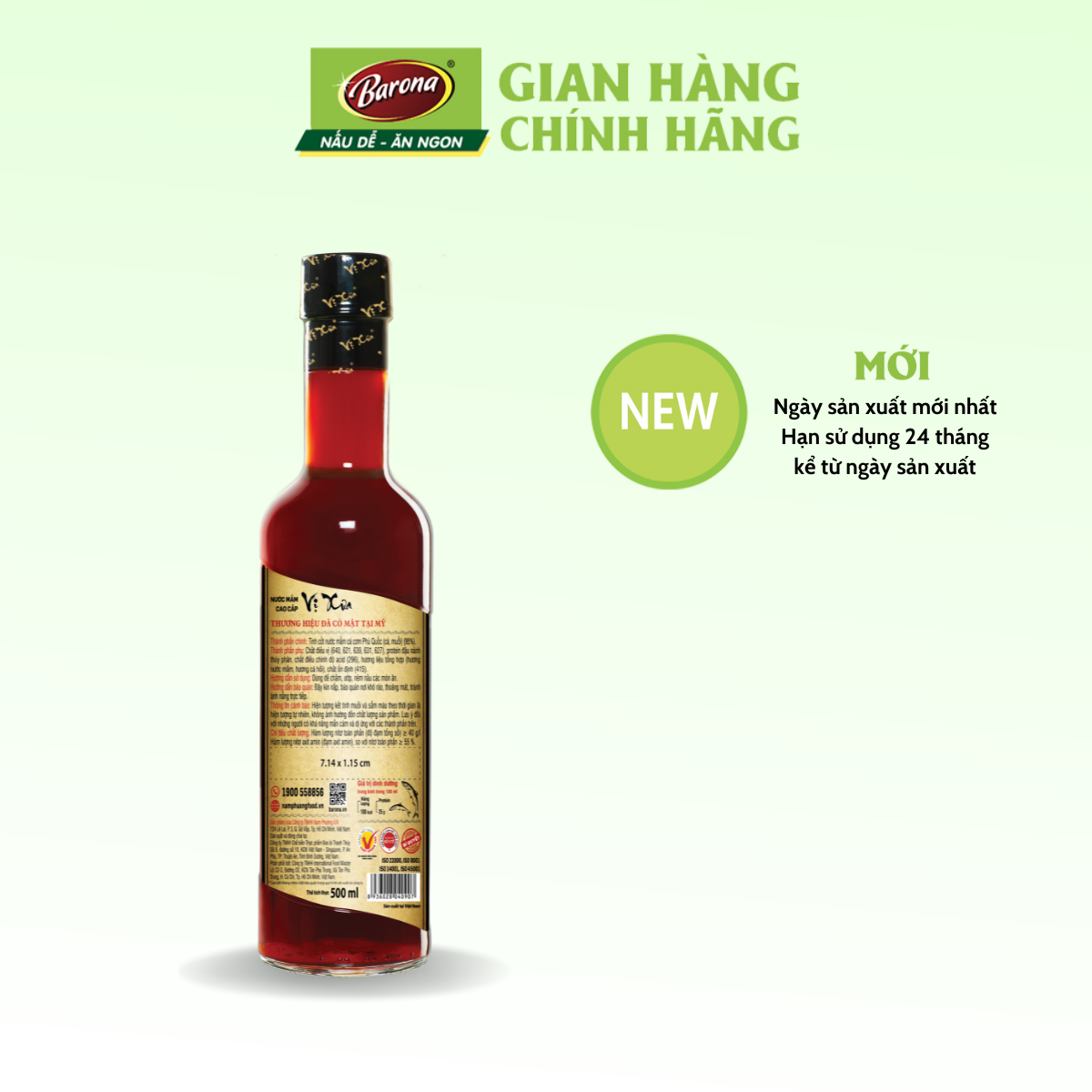 Nước Mắm Phú Quốc Cao Cấp Vị Xưa Barona 40 độ đạm 1 Thùng (6 chai x 500ml) [tặng 500g đường và 100g Bột ngọt]
