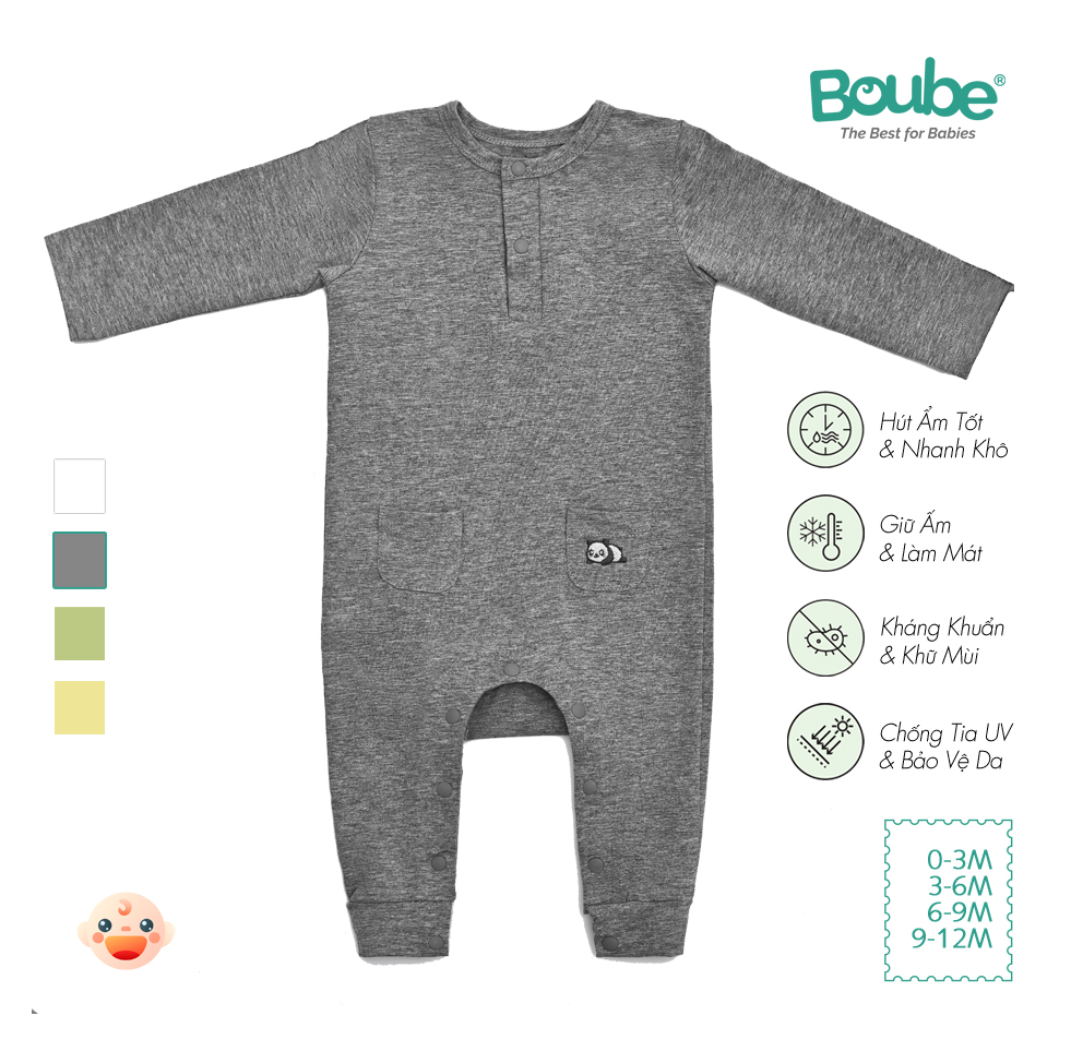 Bộ liền thân, bộ bodysuit cài thẳng dài tay 2 túi nhiều màu sắc cho bé Boube, vải Cotton organic thoáng mát - Size 0-12M