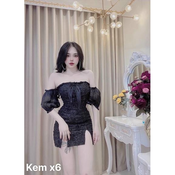 FREESHIP Đầm gấm xốp nữ trễ vai cổ yếm kết cườm cao cấp sang chảnh phong cách duyên DS