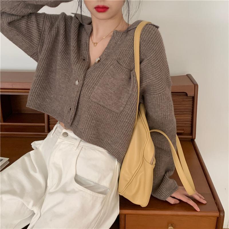 MS807 Áo len nữ dệt kim sợ to túi ngực cổ bẻ croptop