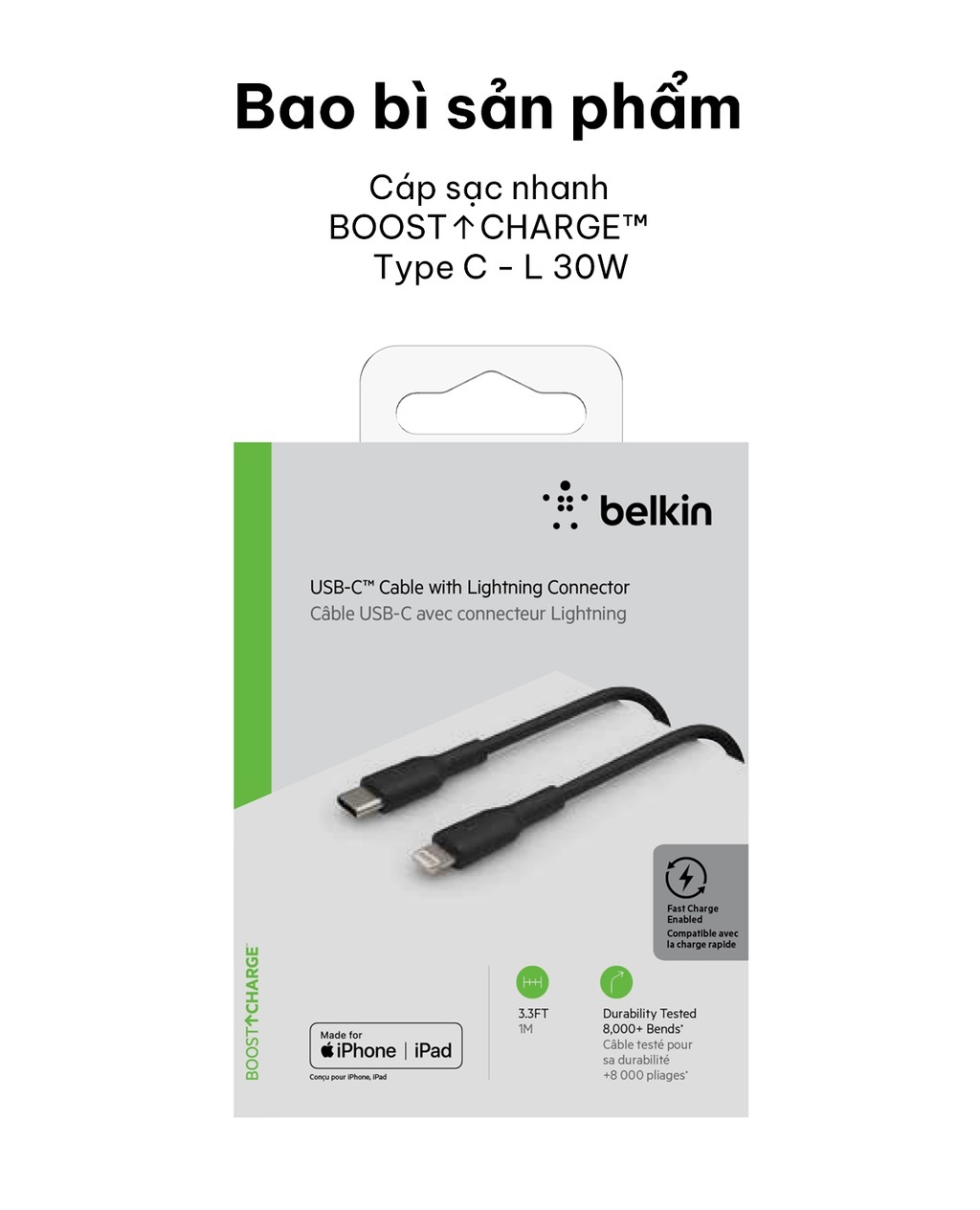 Cáp Sạc Nhanh Belkin USB Type C to Light ning BOOST↑CHARGE 30W Vỏ Nhựa, Chứng Chỉ MFi, Siêu Bền