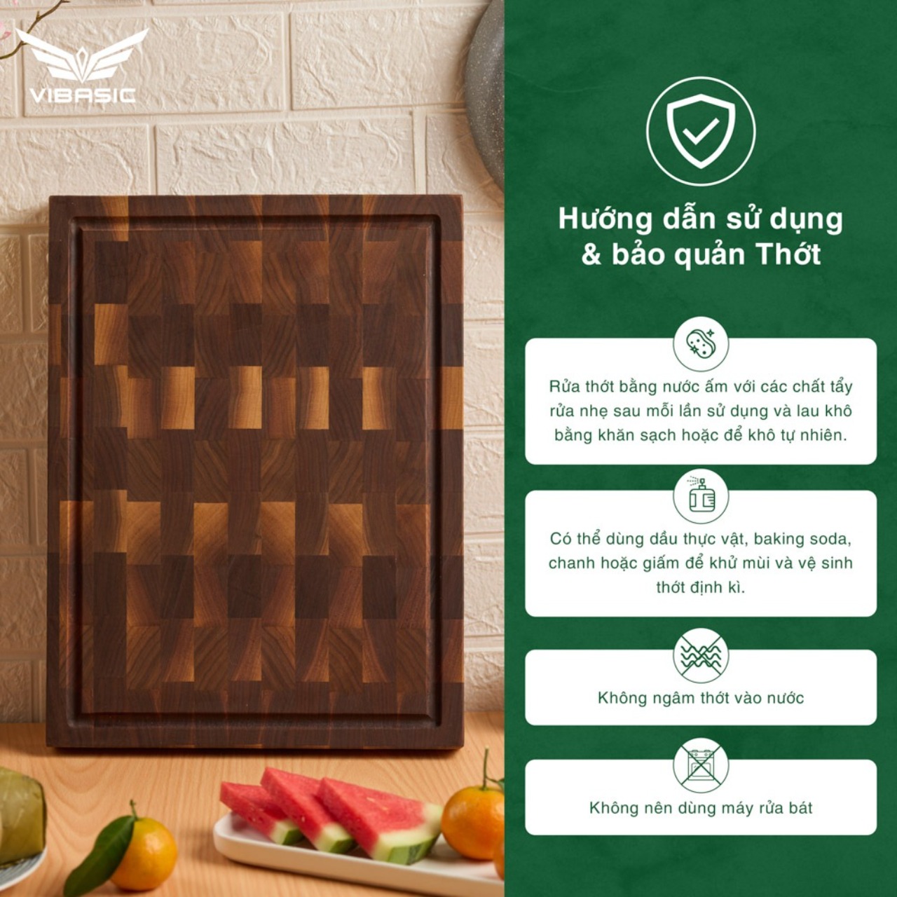 Thớt gỗ óc chó Vibasic kích thước 400x300x38mm, dùng để cắt thái và chặt, kèm hộp quà tặng cao cấp - Hàng chính hãng Bộ Quốc Phòng