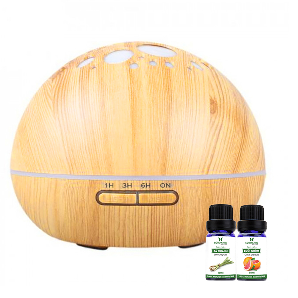Máy khuếch tán/ máy xông tinh dầu ánh trăng vân gỗ sáng FX2040 + Tinh dầu sả chanh Lorganic + Tinh dầu bưởi chùm Lorganic / Thích hợp xông phòng diện tích 15 - 40m2.