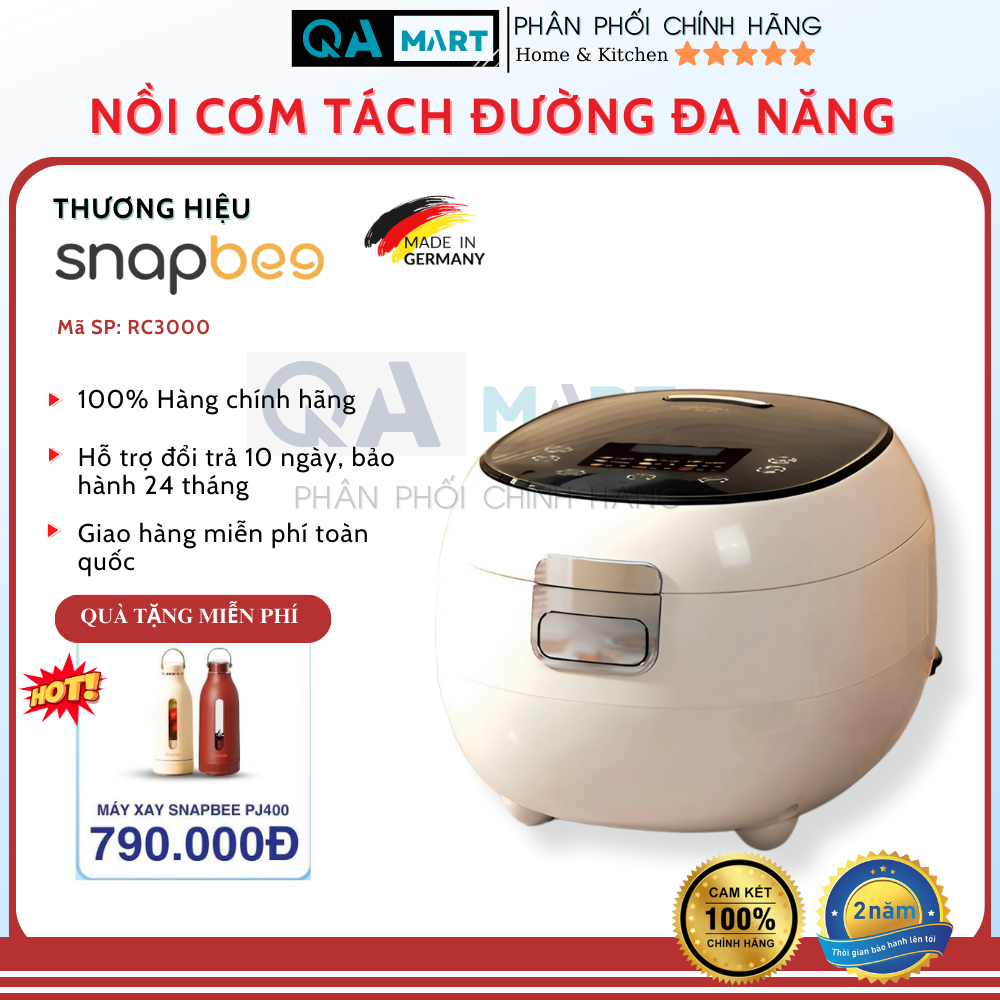 Nồi cơm tách đường đa năng Snapbee RC3000 Pro- 2 lòng nồi inox, đáy vân lục giác chống dính - Hàng chính hãng