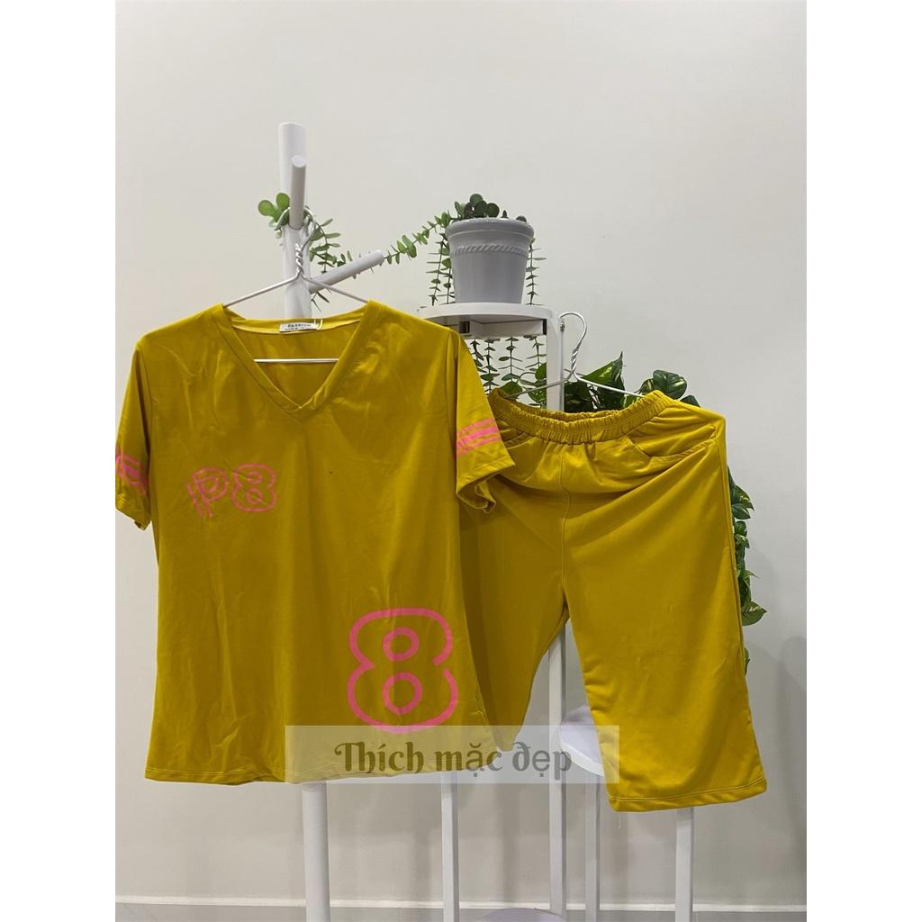 Đồ bộ nữ thun cotton trơn cute xinh in số form rộng tay lỡ quần đùi lửng cổ tim 02 vàng đen hồng nâu