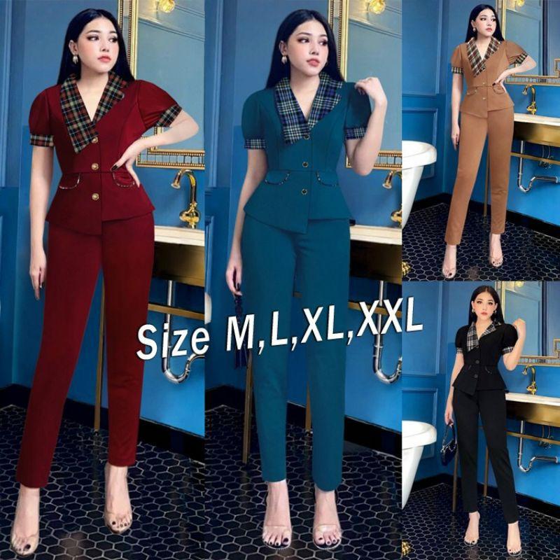 Set nguyên bộ quần dài áo phối họa tiết carô xinh xắn