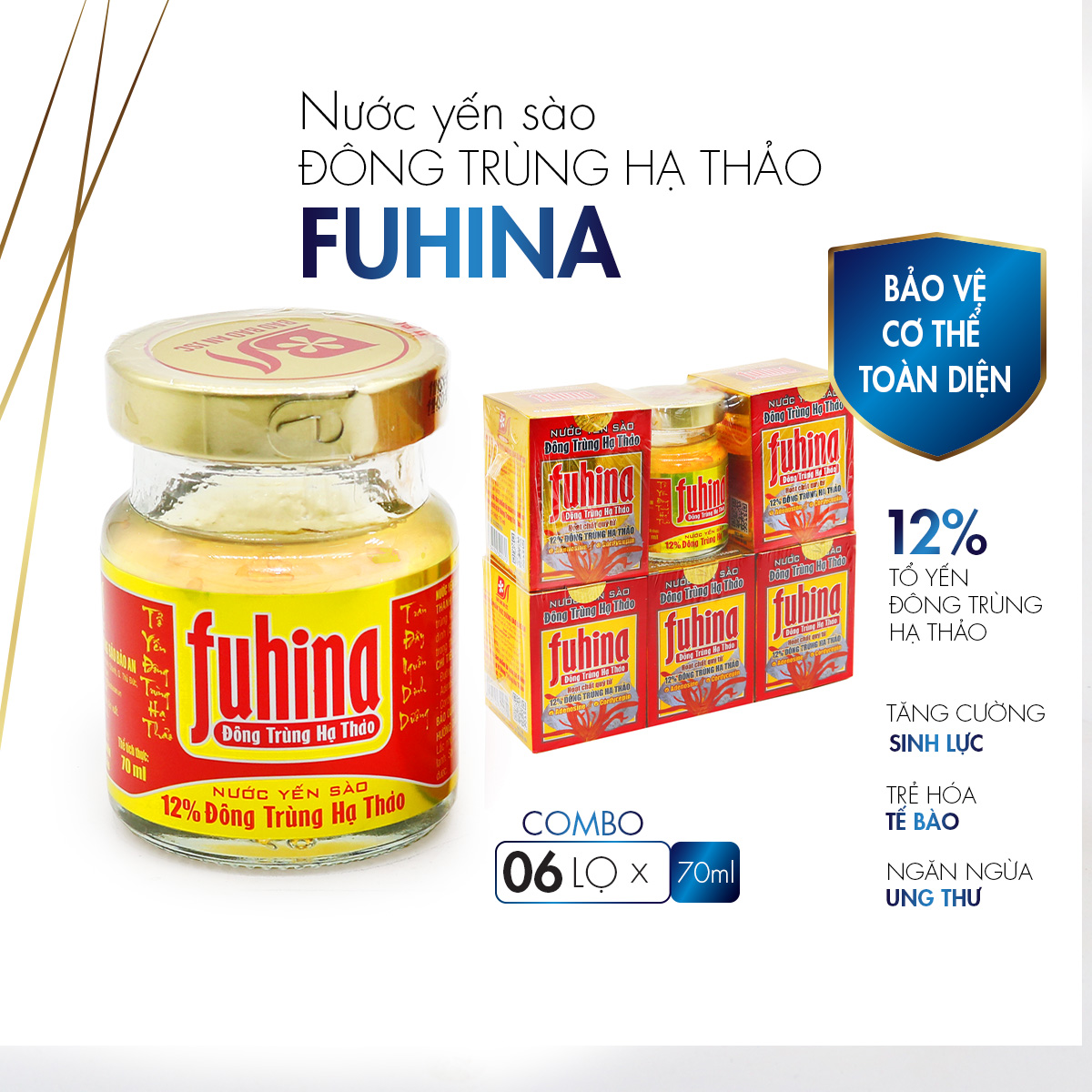 [Combo 5 lọ + TẶNG 1 lọ cùng loại ( 6 lọ x 70ml)] Nước yến sào Đông Trùng Hạ Thảo FUHINA 12%