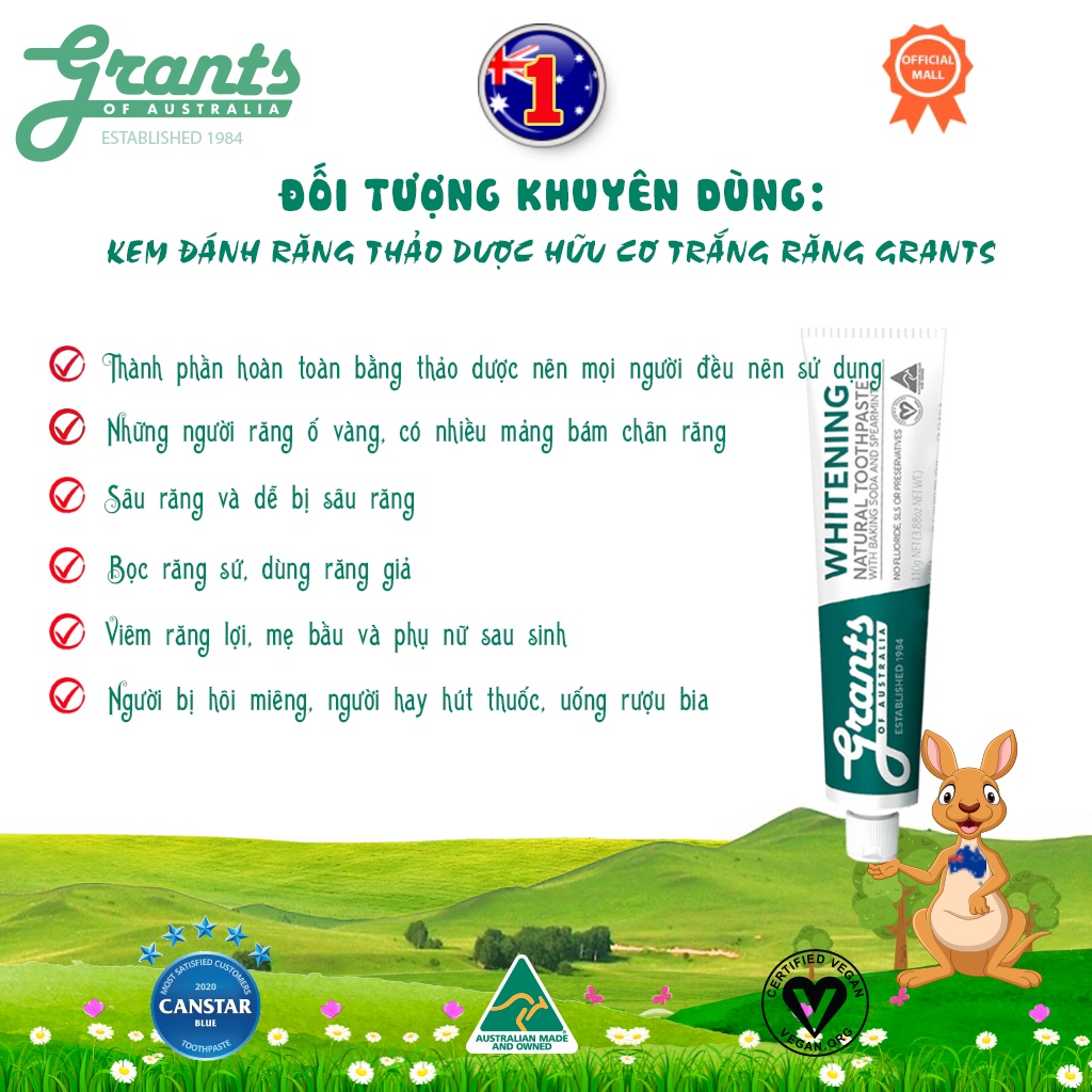 Kem đánh răng trắng răng tự nhiên Grants 110g - Banking soda giảm mảng bám, răng ố vàng, răng trắng sáng