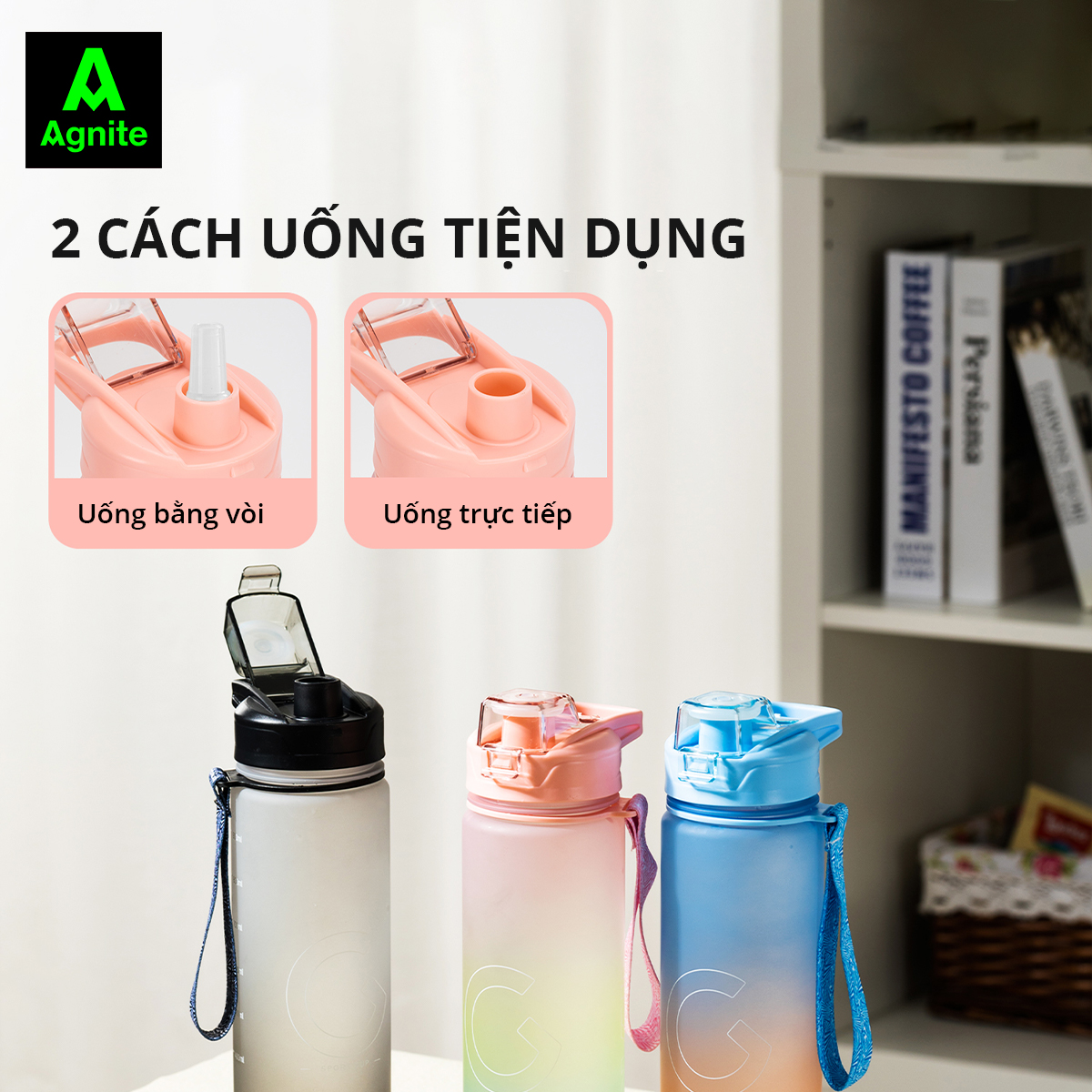 Bình Đựng Nước 1L Bao Bì Dễ Thương Có Vạch Báo Giờ Uống Nước Chia Lượng Nước Agnite - Đầy Đủ Kiểm Định Chất Lượng Phủ Hợp Bình Nước Thể Thao Tập Gym Yoga - VS822 VS823