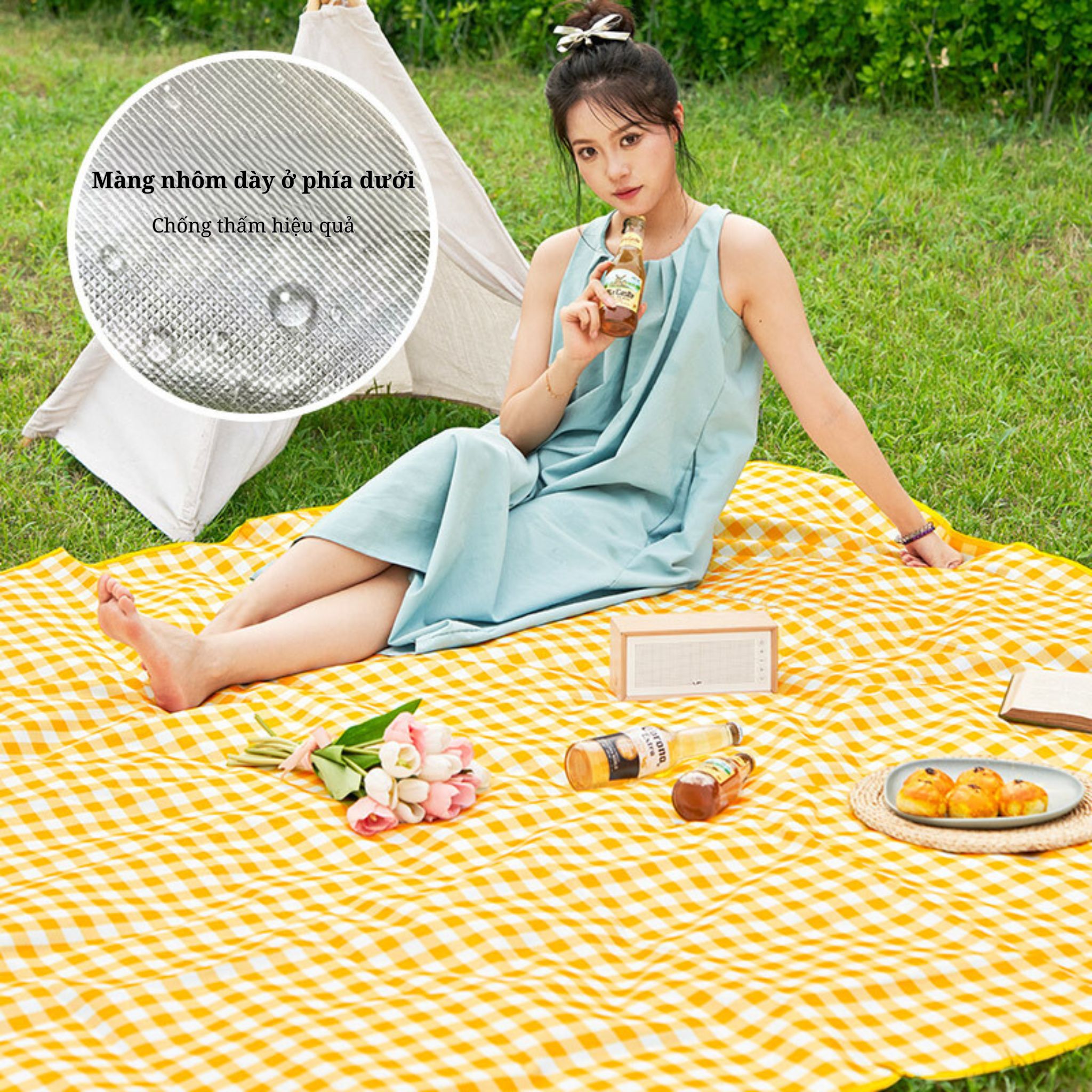 Thảm picnic Suncojia, thảm chống ẩm, kiểu sọc vàng trắng, thảm bãi biển, kích thước 2×2 mét