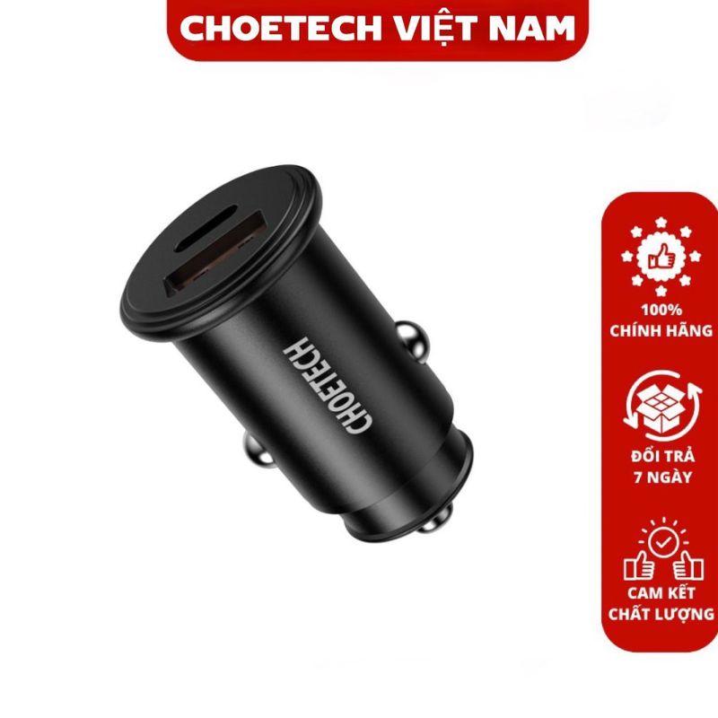 Tẩu nhanh ô tô 30W 5A 2 cổng USB Type C+ USB-A QC3.0 Choetech TC0006