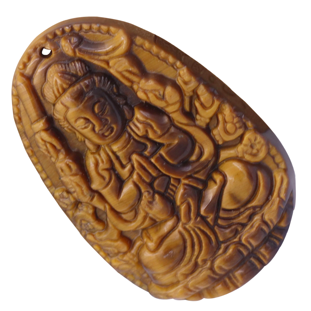 Mặt Phật Thiên thủ thiên nhãn đá mắt hổ 3.6 cm kèm vòng cổ dây dù nâu - mặt dây chuyền size M, Mặt Phật bản mệnh, Quan âm bồ tát