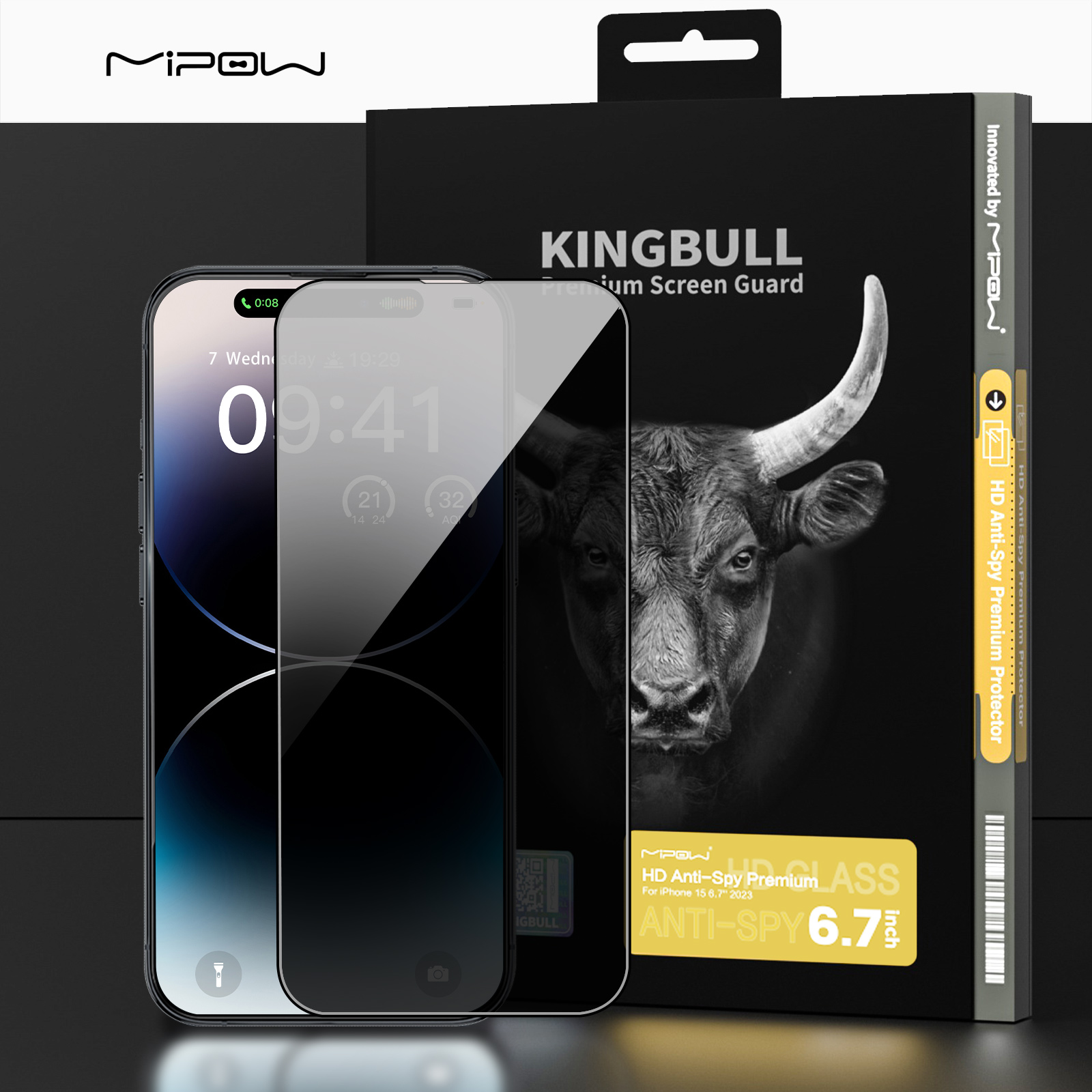 Miếng Dán Cường Lực CHỐNG NHÌN TRỘM Dành Cho iPhone 15/ iPhone 15 Plus/ iPhone 15 Pro/ iPhone 15 ProMax Mipow Kingbull HD ANTI SPY PROTECTOR _ Hàng Chính Hãng