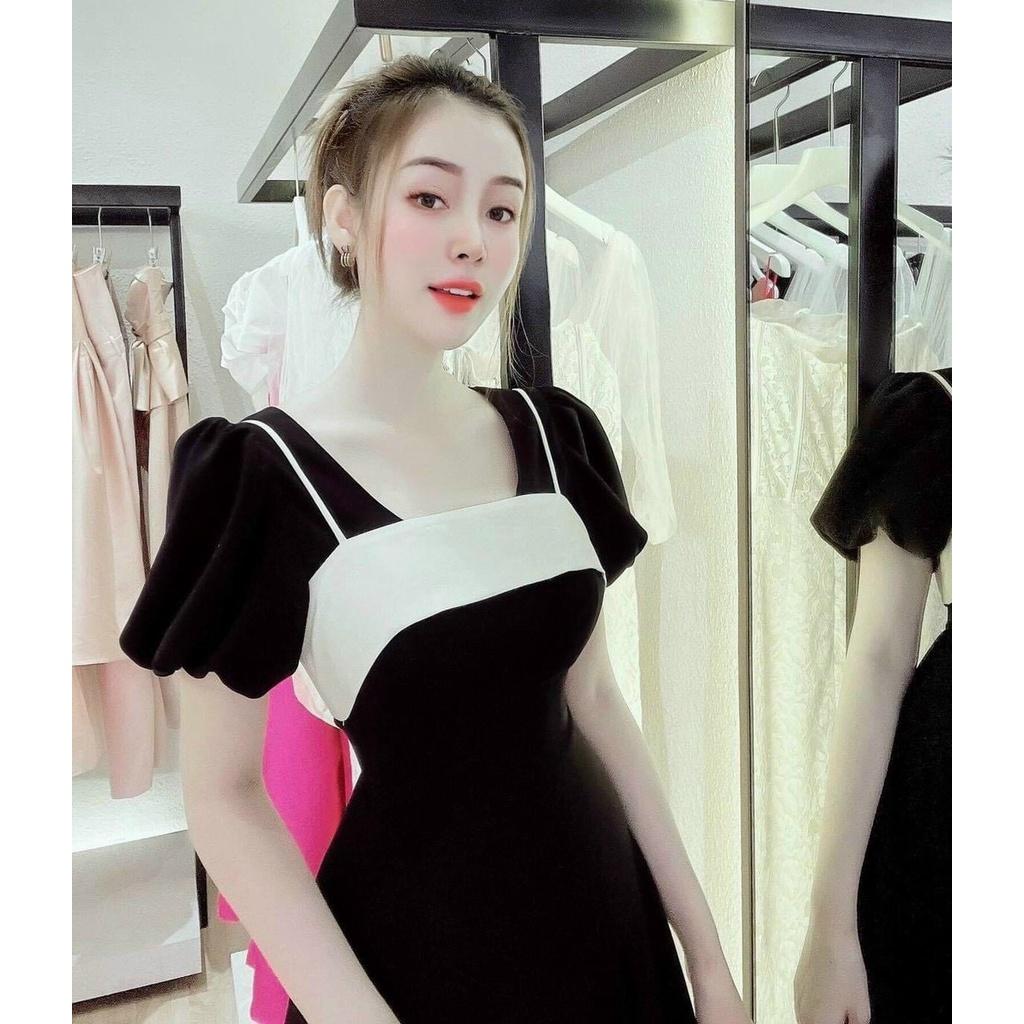 FREE SHIP Đầm Váy Nữ Chất Vải Nhung Phối Viền Trắng Tay Phồng TIỂU THƯ SANG CHẢNH DS