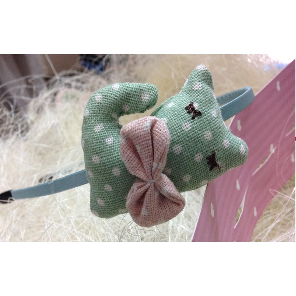 Bờm Cài Tóc Handmade Hình Mèo xanh lá chấm bi