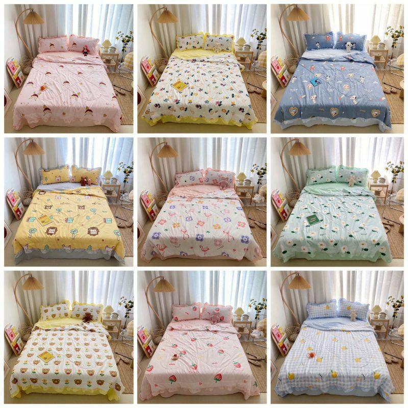 Bộ Chăn Ga Gối Cotton Đũi Bèo Chăn Chần Hè Cao Cấp Mẫu Mới 2021