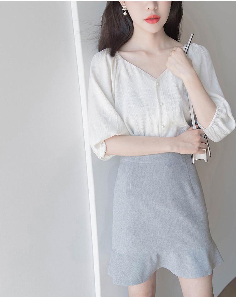 Set áo sơ mi trắng kiểu cổ chữ V và chân váy đuôi cá công sở dự tiệc đi chơi đẹp xinh phong cách Hàn Quốc 2019 DN234