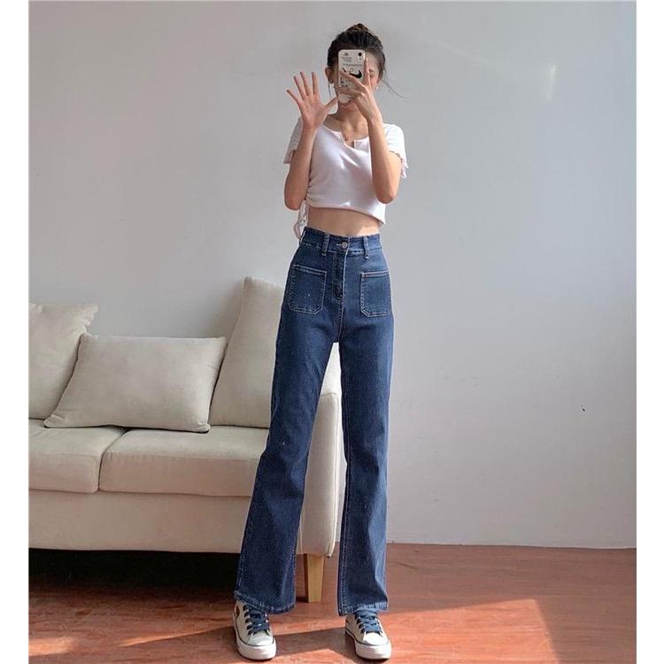 MS937 Quần jeans nữ cạp cao 2 túi trước ống loe hack dáng chân dài - Xanh