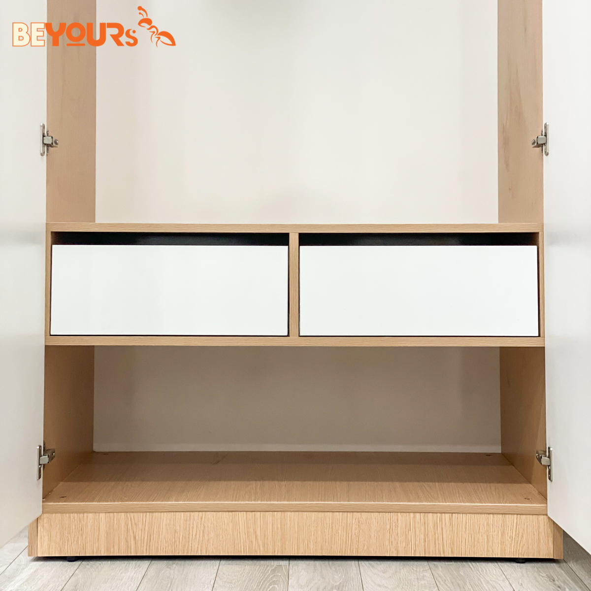 Tủ Quần Áo Gỗ Cửa Mở BEYOURs Mina 2 Cánh Màu Trắng Phối Gỗ Hiện Đại Thiết Kế Nhiều Ngăn Tiện Dụng
