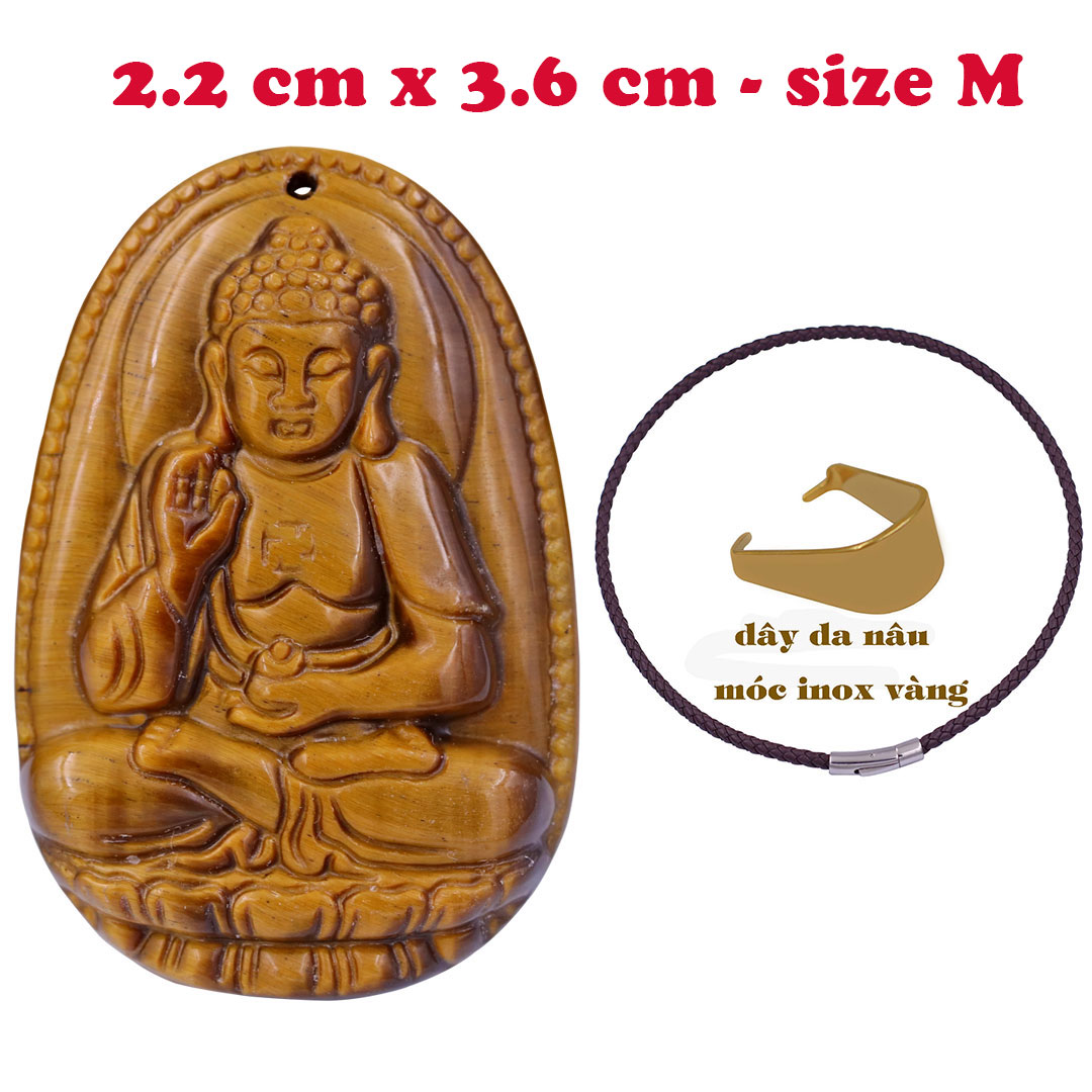 Hình ảnh Mặt Phật A di đà đá mắt hổ 3.6 cm kèm vòng cổ dây da nâu - mặt dây chuyền size M, Mặt Phật bản mệnh
