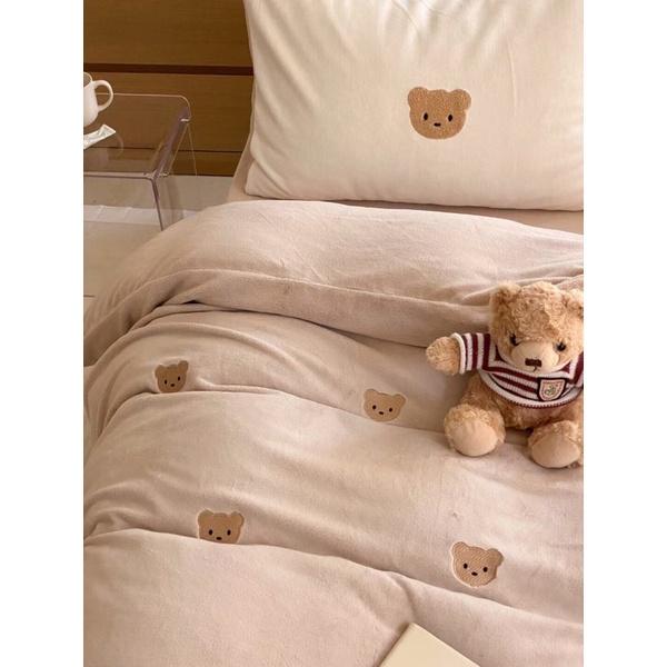 Bộ Chăn Ga Gối Nỉ Sữa Gấu Teddy Hàng Nhập Khẩu Cao Cấp 5 món