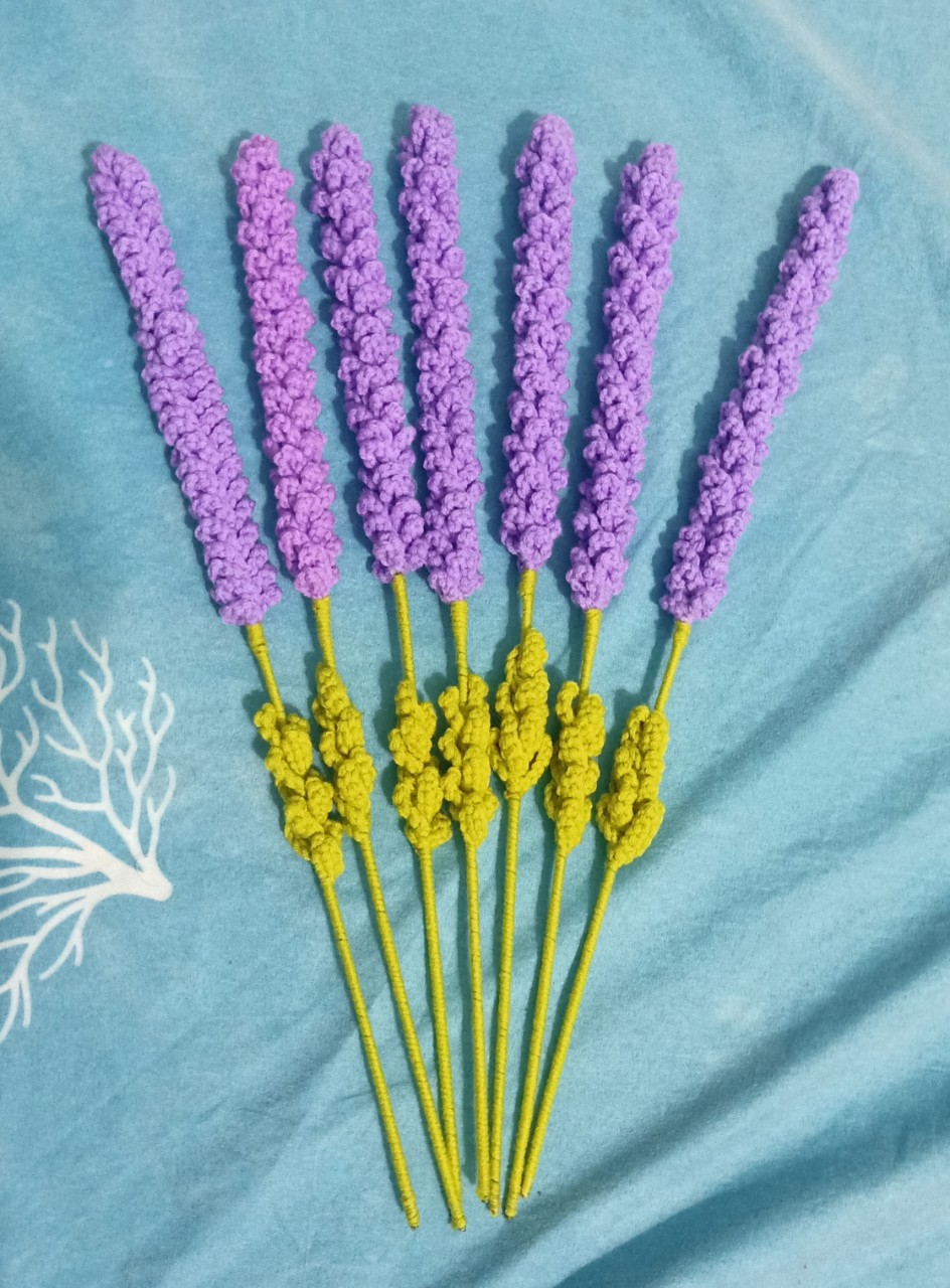 Combo 5 cành hoa LAVENDER chất liệu sợi len, hàng đan thủ công chiều dài 40cm được quấn len nguyên cành lá và hoa