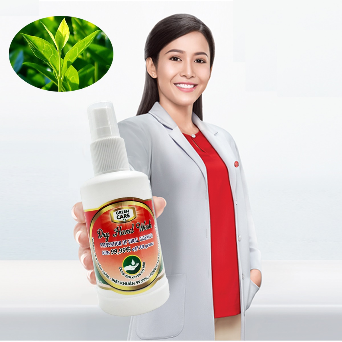 Chai xịt nước rửa tay khô sạch siêu nhanh kháng khuẩn tinh dầu tràm Green Care 150ml cao cấp