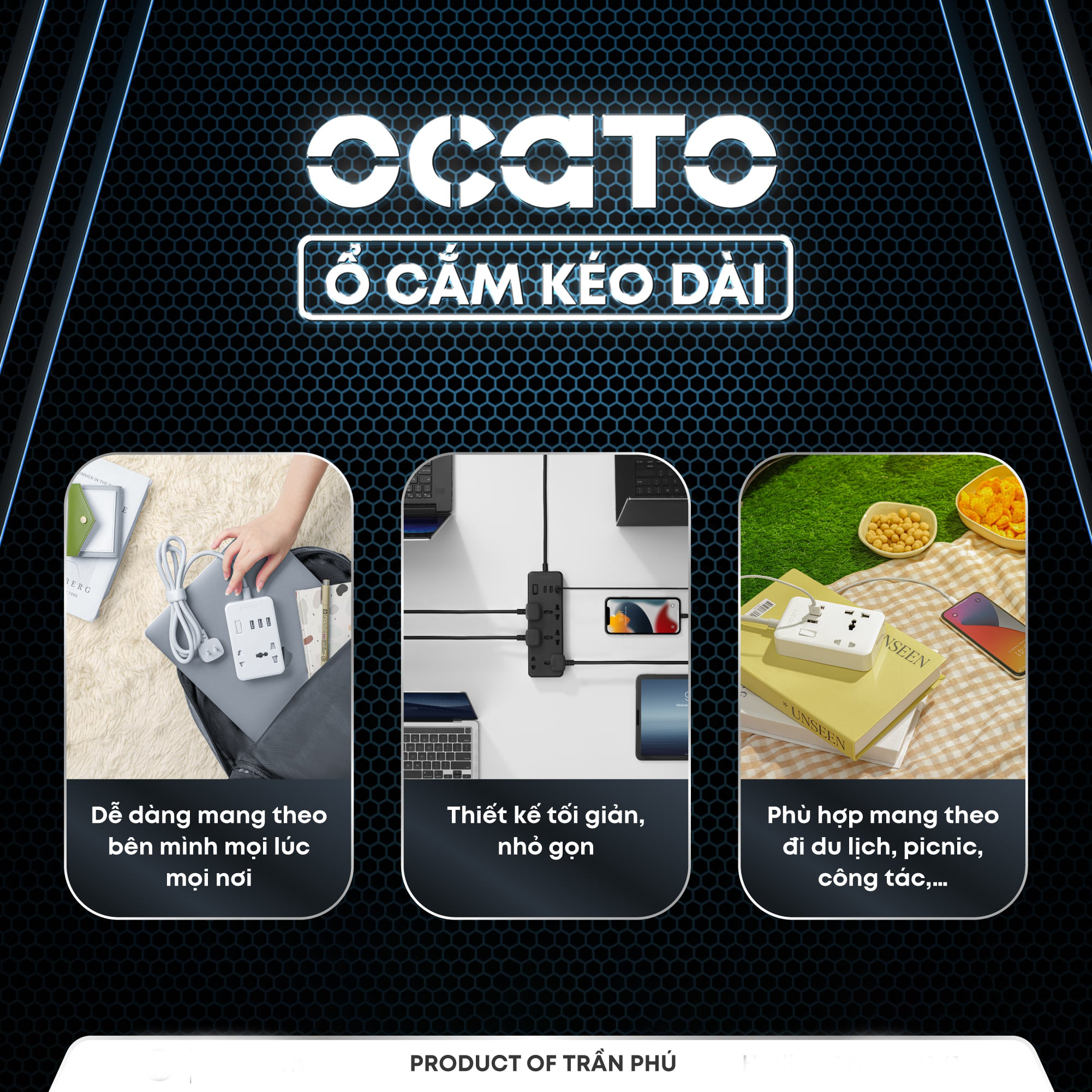 Ổ cắm điện kéo dài OCATO Trần Phú OCATO A63-3D3T3U (6 ổ cắm + 3 cổng sạc USB)