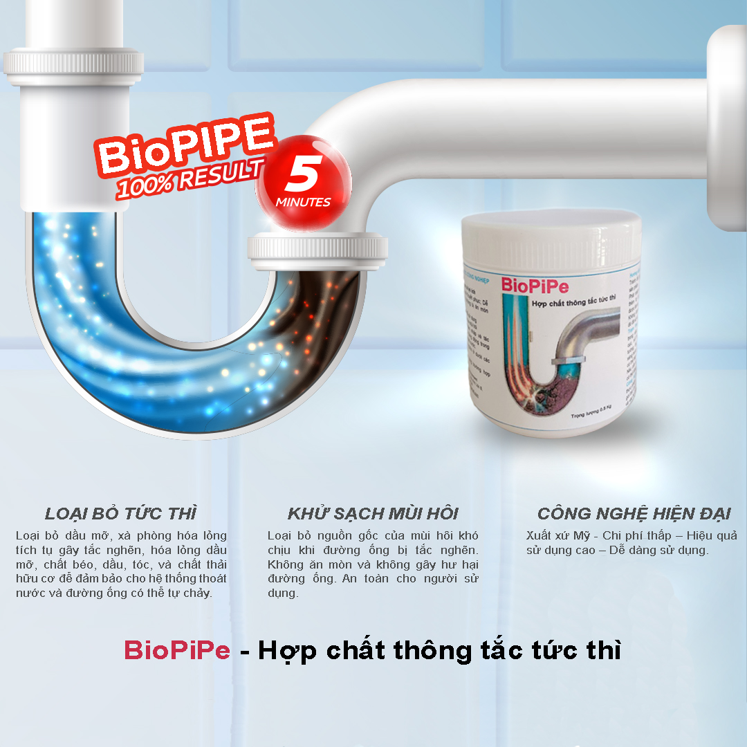 Bột thông tắc bồn cầu, bồn rửa bát, xử lý cống nghẹt do dầu mỡ, tóc, rác hữu cơ, cặn bẩn tức thì - BioPiPe hộp 0.5Kg - Hàng chính hãng từ Mỹ