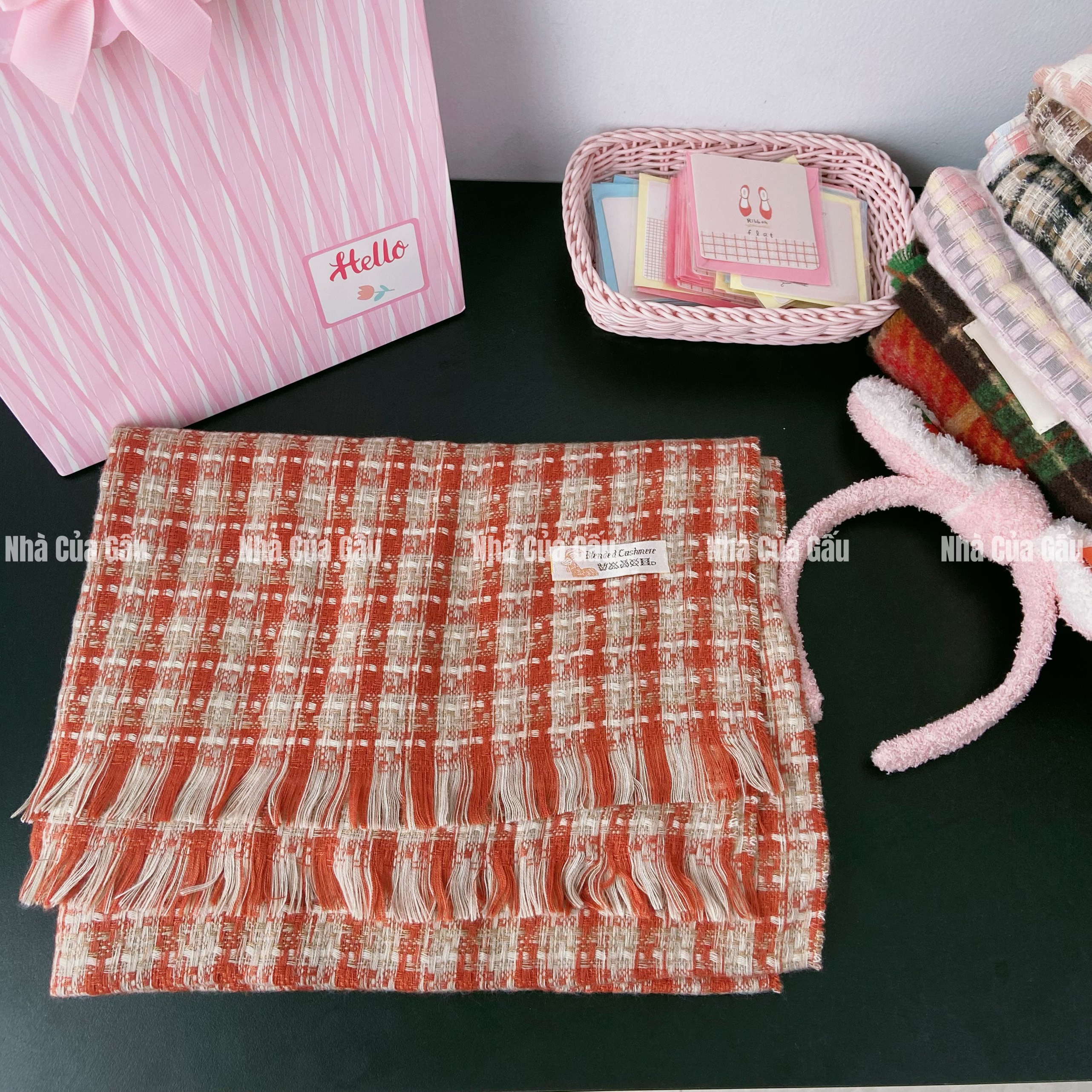 Khăn len choàng cổ cashmere kẻ sọc hàng cao cấp