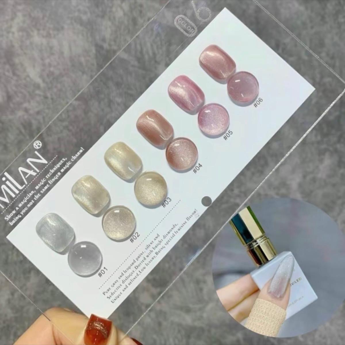 Sơn Mèo Sánh Trăng Milan Set 6 Chai, 15ml, Hiệu Ứng Ánh Trăng Mờ Ảo, Chất Gel Sánh Mịn, Làm Nail Kèm Bảng Màu Sẵn Nữ Sơn Gel