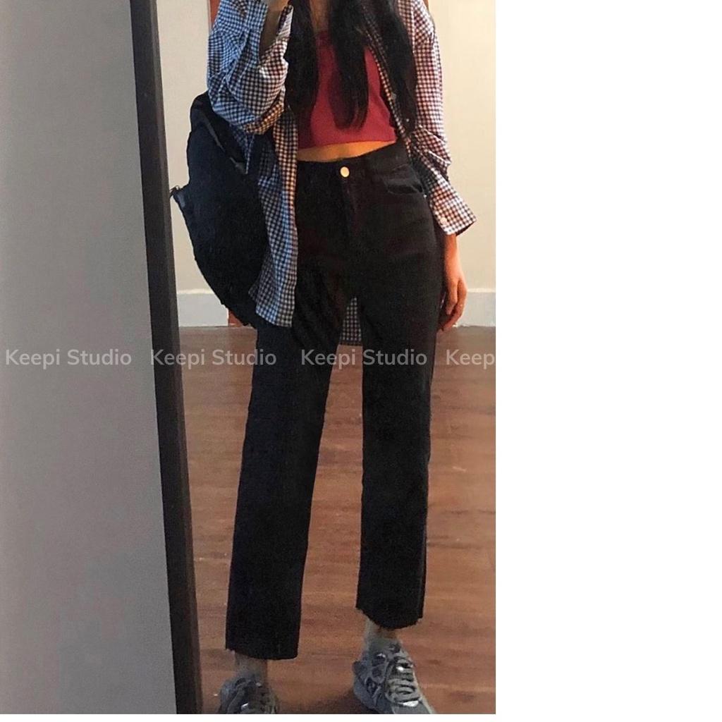 Quần Jeans Nữ Đứng Đen Co Giãn Hàn Quốc KEEPI Quần Kaki Lưng Cao Ống Suông
