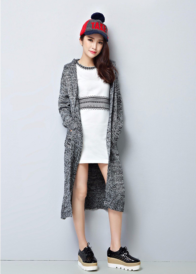 Áo Khoác Len Cardigan Nữ Có Mũ KN99 - Ghi