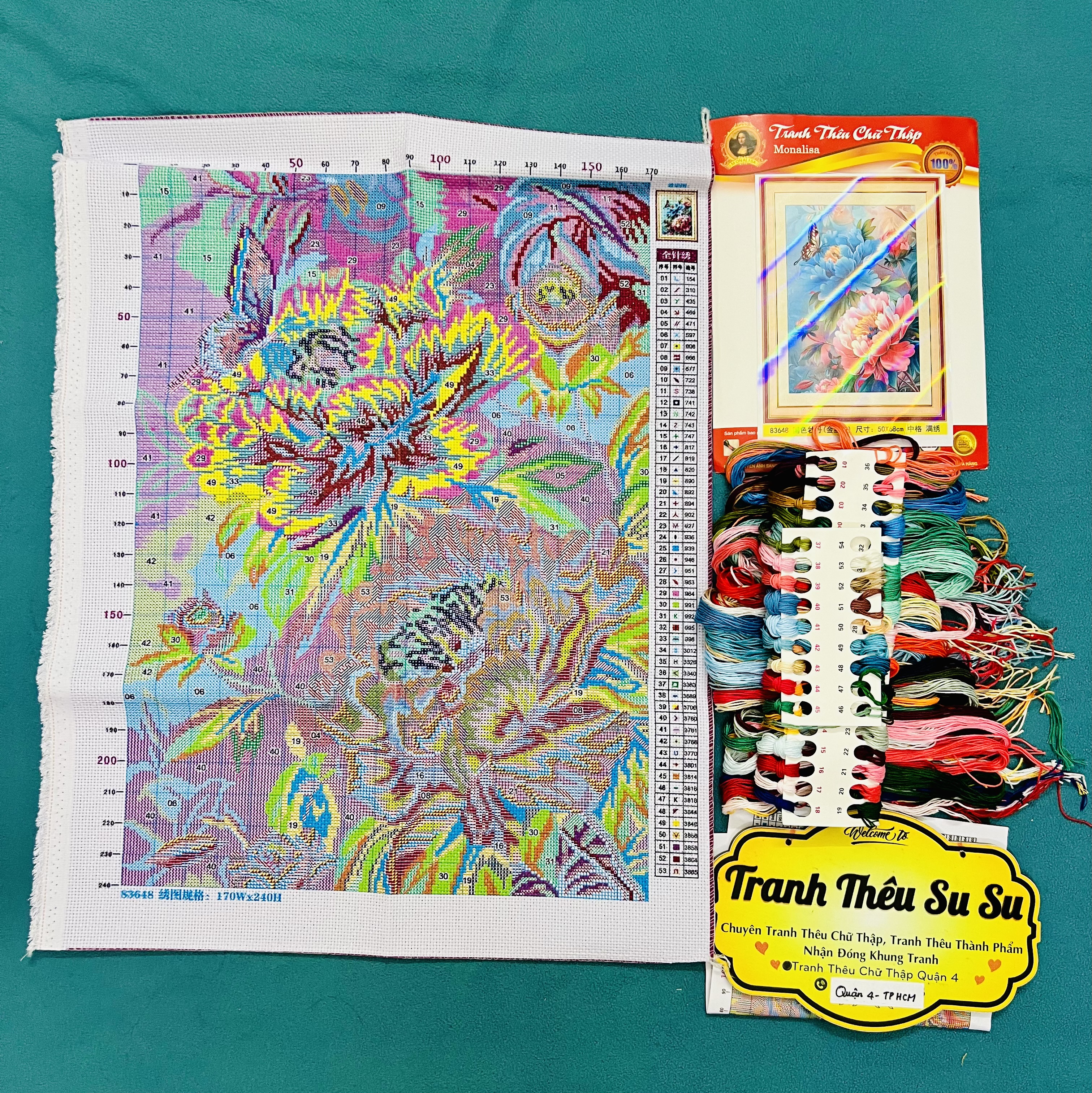 Tranh thêu kín chữ thập Hoa mẫu đơn khoe sắc 63648, kích thước 50 x 68 cm